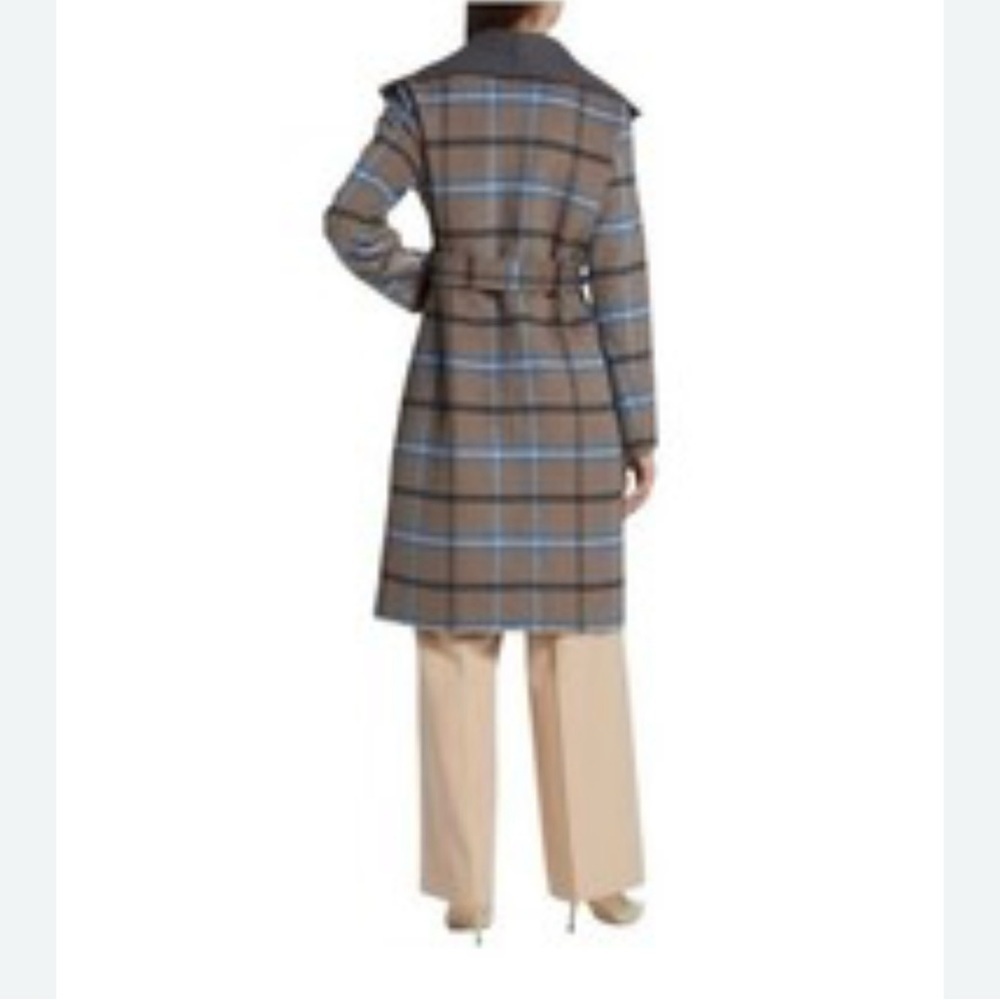 NEW Elie Tahari Wallace Plaid Wrap Coat Gray Wool Fox Hare Silk Size Large - Picture 3 of 9